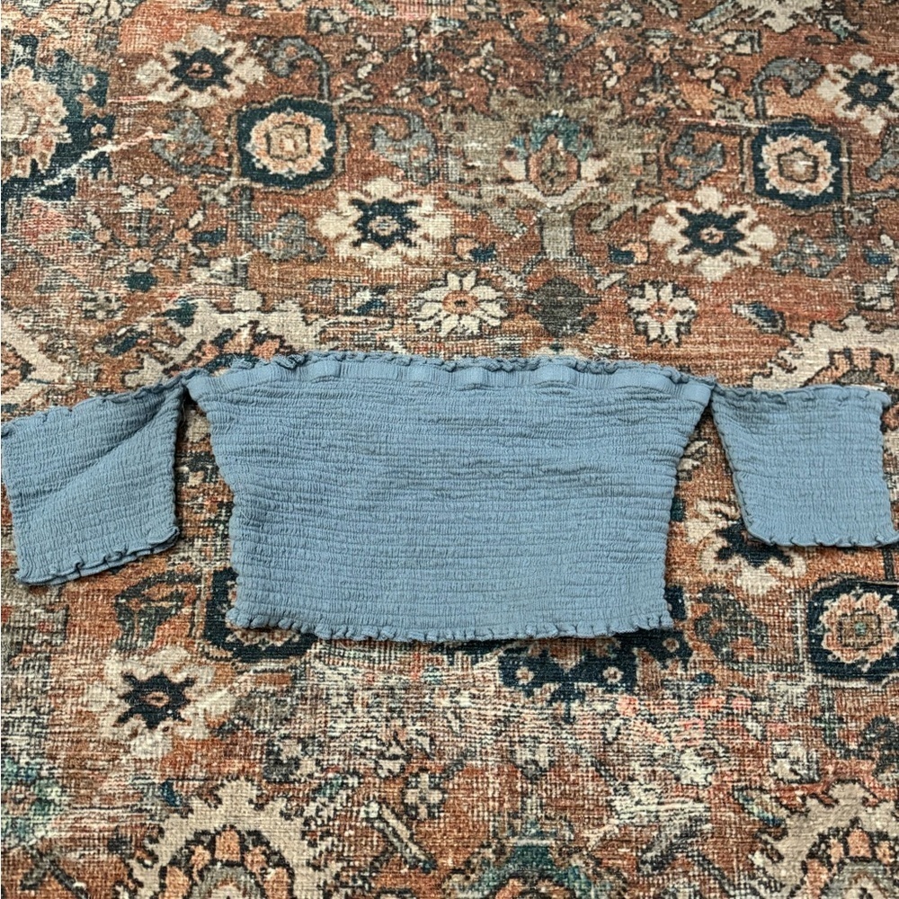 La Hearts S cropped off the shoulder smocked dusty blue tube Top